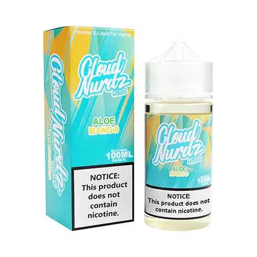 A 100ml Iced Aloe Mango Cloud Nurdz 100ml e-liquid bottle with aloe and mango candy graphics and icy accents. by Vape4Less.