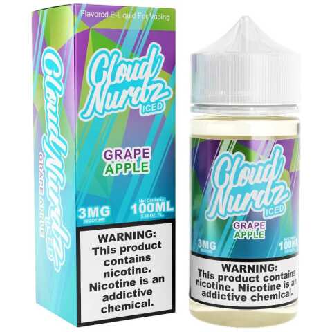 A 100ml Iced Apple Grape Cloud Nurdz 100ml e-liquid bottle with apple and grape candy graphics and icy accents. by Vape4Less.