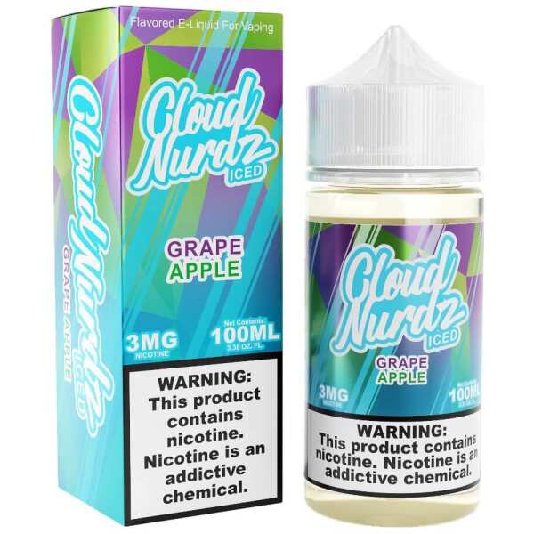 A 100ml Iced Apple Grape Cloud Nurdz 100ml e-liquid bottle with apple and grape candy graphics and icy accents. by Vape4Less.