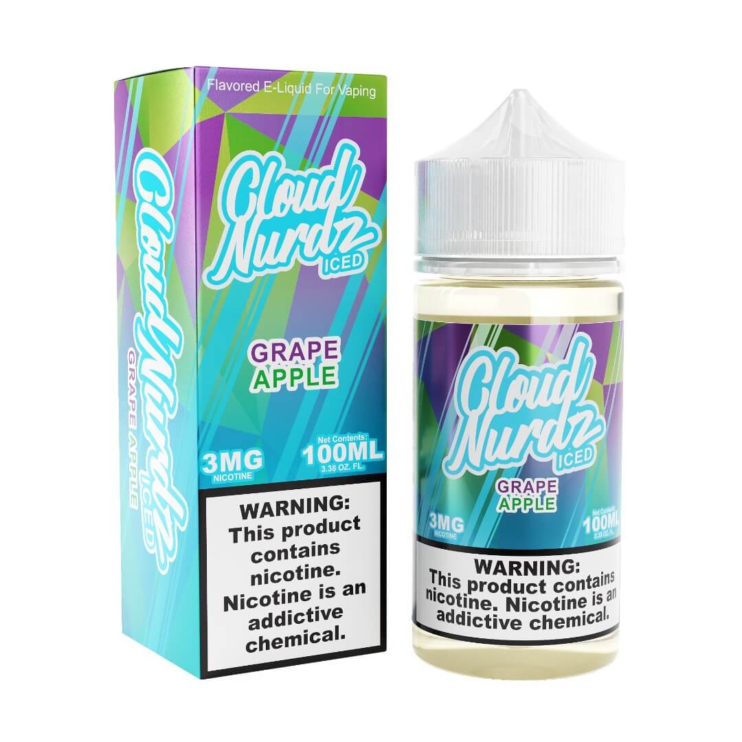 A 100ml Iced Apple Grape Cloud Nurdz 100ml e-liquid bottle with apple and grape candy graphics and icy accents. by Vape4Less.