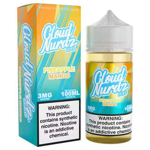 A 100ml Iced Pineapple Mango Cloud Nurdz 100ml e-liquid bottle with pineapple and mango candy graphics and icy accents. by Vape4Less.