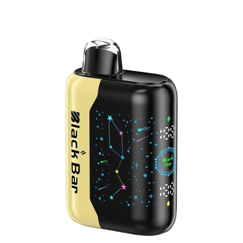 A 18ml Mexico Mango Black Bar Universe X disposable vape with ripe mango fruit graphics on the device. by Vape4Less.