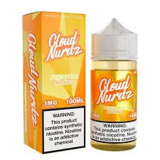 the Pineapple Mango Cloud Nurdz 100ml e-liquid bottle with pineapple and mango candy graphics. by Vape4Less.