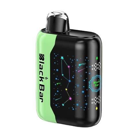 A 18ml Sour Apple Ice Black Bar Universe X disposable vape with green sour apple and icy cool graphics. by Vape4Less.