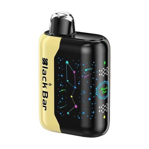 A 18ml Strawberry Banana Black Bar Universe X disposable vape with strawberry and banana fruit graphics on the device. by Vape4Less.