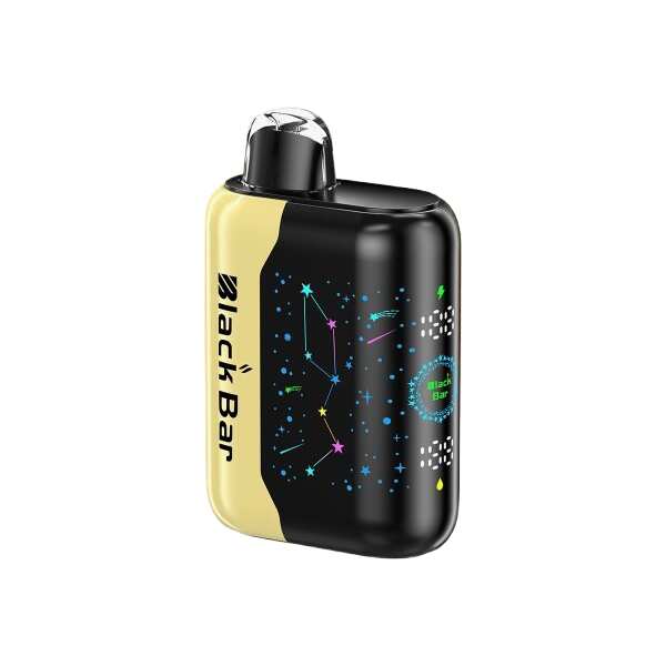 A 18ml Strawberry Banana Black Bar Universe X disposable vape with strawberry and banana fruit graphics on the device. by Vape4Less.