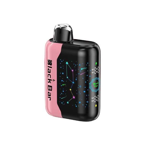 A 18ml Strawberry Mango Black Bar Universe X disposable vape with strawberry and mango fruit graphics on a sleek device. by Vape4Less.