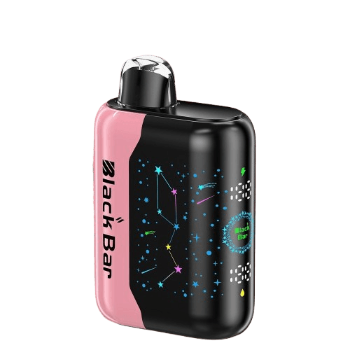 A 18ml Strawberry Mango Black Bar Universe X disposable vape with strawberry and mango fruit graphics on a sleek device. by Vape4Less.