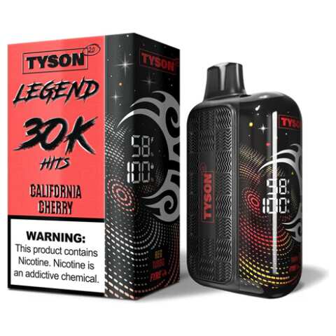 A 16ml California Cherry Tyson 2.0 Legend 30K disposable vape with cherry-themed artwork. by Vape4Less.