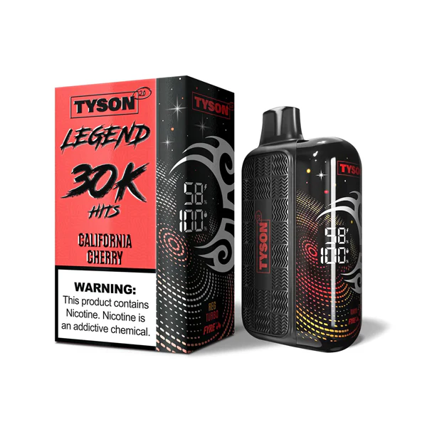 tyson-2.0-legend-dispo-30000puff-16ml-california-cherry_1024x A 16ml California Cherry Tyson 2.0 Legend 30K disposable vape with cherry-themed artwork. by Vape4Less.