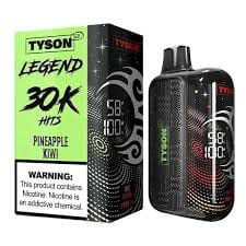 A 16ml Pineapple Kiwi Tyson 2.0 Legend 30K disposable vape with pineapple and kiwi-themed artwork. by Vape4Less.