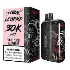 tyson 2.0 legends white peach rasberrry A 16ml White Peach Raspberry Tyson 2.0 Legend 30K disposable vape with white peach and raspberry-themed artwork. by Vape4Less.