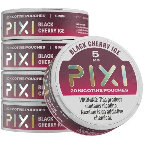 A Black Cherry Ice Pixi nicotine pouches can 5mg - 5 pack by Vape4Less.