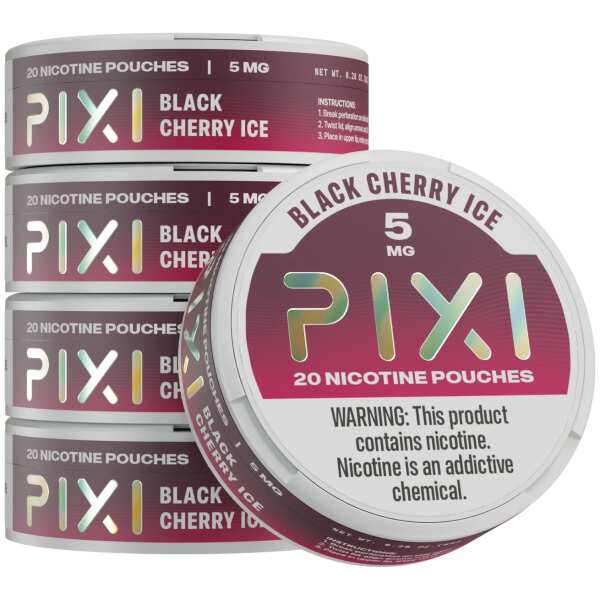 A Black Cherry Ice Pixi nicotine pouches can 5mg - 5 pack by Vape4Less.