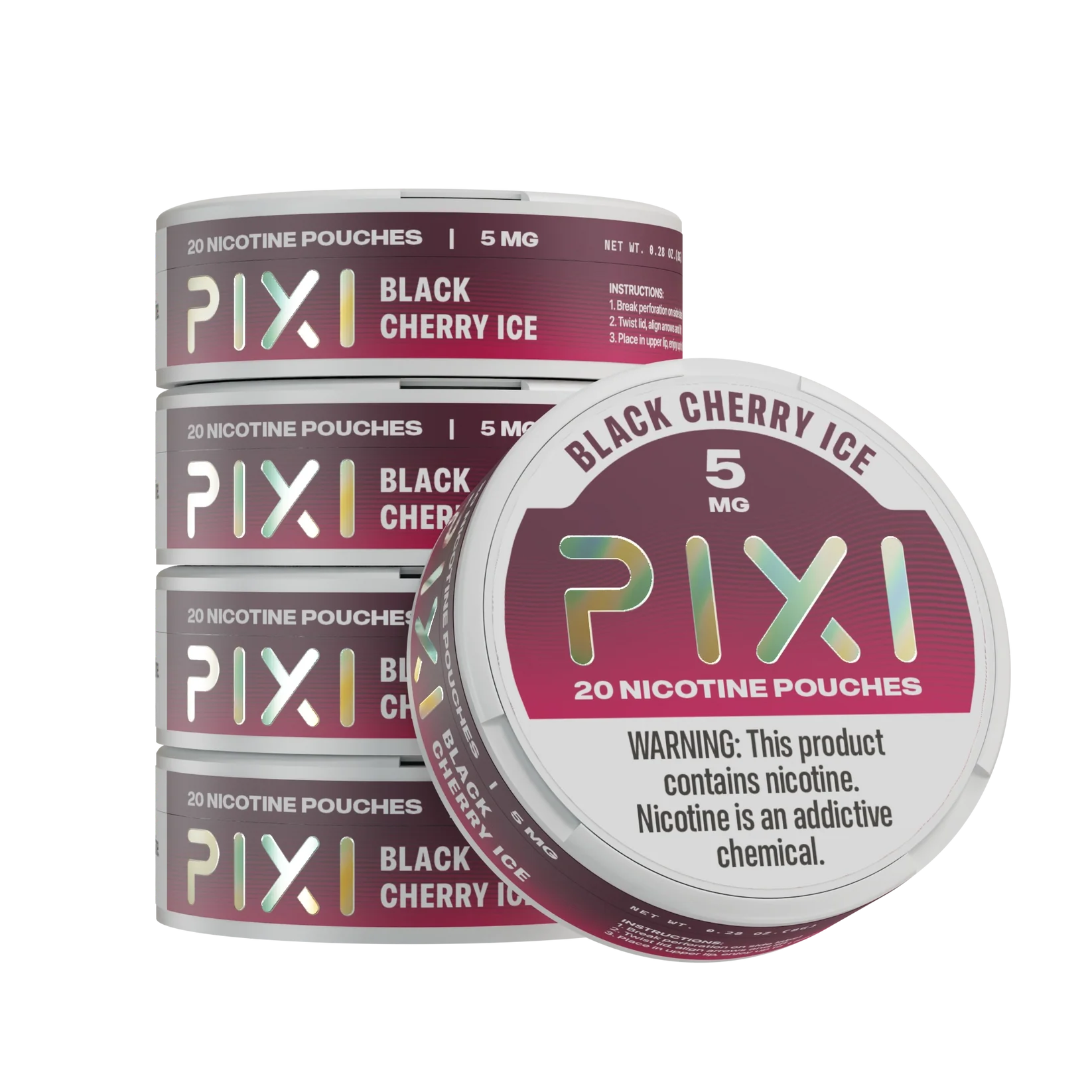 A Black Cherry Ice Pixi nicotine pouches can 5mg - 5 pack by Vape4Less.