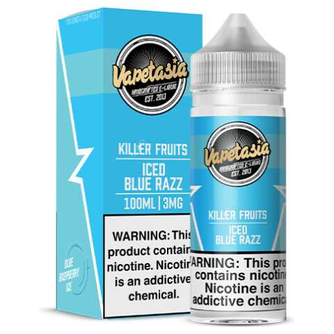 A 100ml Killer Kustard Iced Blue Razz Vapetasia 100mL e-liquid bottle by Vape4Less.