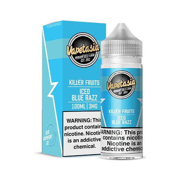 A 100ml Killer Kustard Iced Blue Razz Vapetasia 100mL e-liquid bottle by Vape4Less.