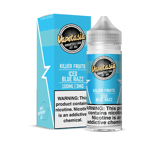 A 100ml Killer Kustard Iced Blue Razz Vapetasia 100mL e-liquid bottle by Vape4Less.