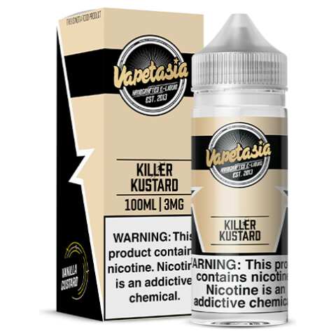 A 100ml Killer Kustard Vapetasia 100mL e-liquid bottle by Vape4Less.