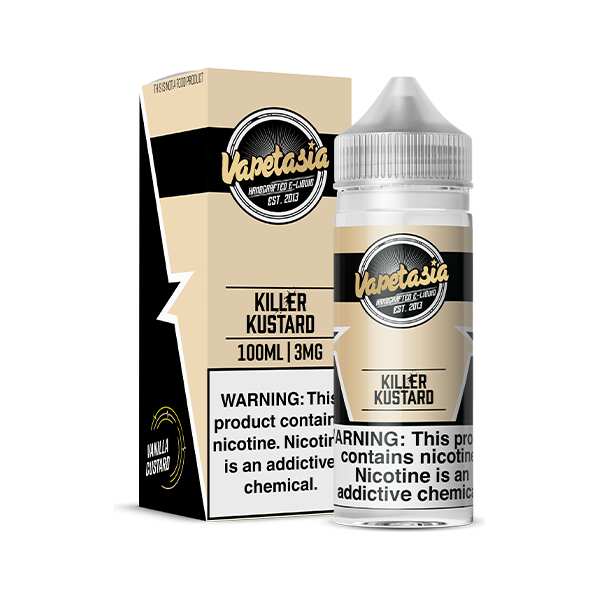 A 100ml Killer Kustard Vapetasia 100mL e-liquid bottle by Vape4Less.