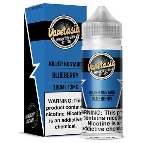 A 100ml Killer Kustard Blueberry Vapetasia 100mL e-liquid bottle by Vape4Less.