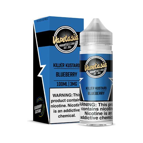 A 100ml Killer Kustard Blueberry Vapetasia 100mL e-liquid bottle by Vape4Less.
