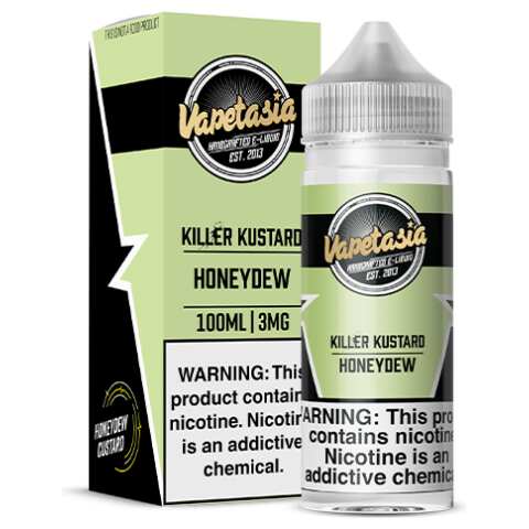 A 100ml Killer Kustard Honeydew Vapetasia 100mL e-liquid bottle by Vape4Less.