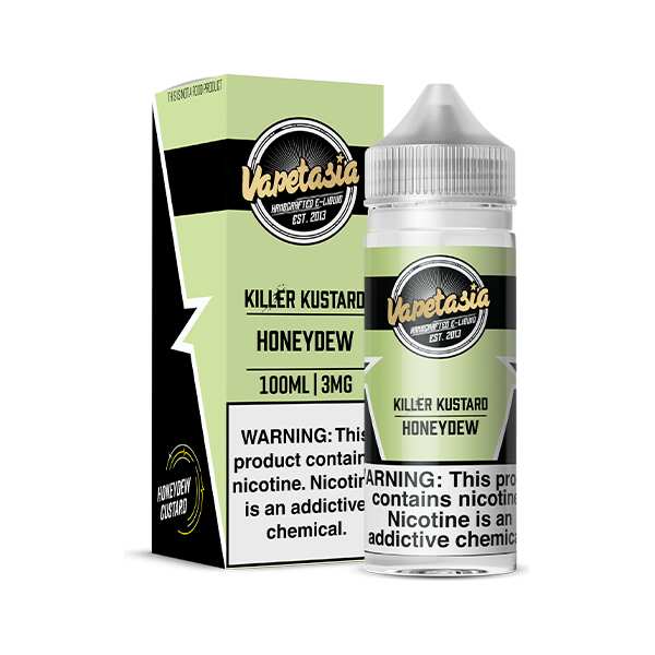 A 100ml Killer Kustard Honeydew Vapetasia 100mL e-liquid bottle by Vape4Less.