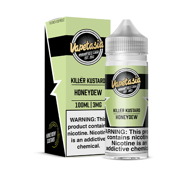 A 100ml Killer Kustard Honeydew Vapetasia 100mL e-liquid bottle by Vape4Less.