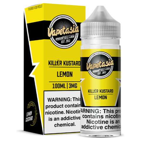 A 100ml Killer Kustard Lemon Vapetasia 100mL e-liquid bottle by Vape4Less.