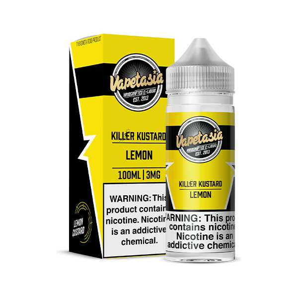 A 100ml Killer Kustard Lemon Vapetasia 100mL e-liquid bottle by Vape4Less.