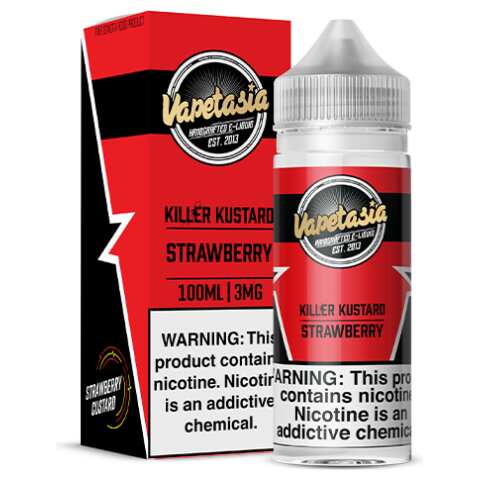 A 100ml Killer Kustard Strawberry Vapetasia 100mL e-liquid bottle by Vape4Less.