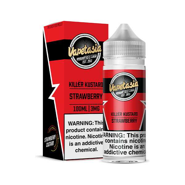 A 100ml Killer Kustard Strawberry Vapetasia 100mL e-liquid bottle by Vape4Less.