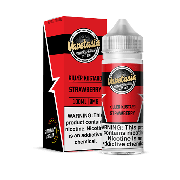 A 100ml Killer Kustard Strawberry Vapetasia 100mL e-liquid bottle by Vape4Less.