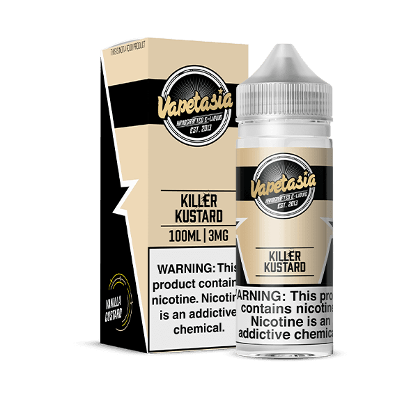 A 100ml Killer Kustard Vapetasia 100mL e-liquid bottle by Vape4Less.