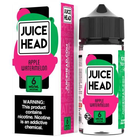 A 100ml bottle of Apple Watermelon Juice Head disposable vape with apple and watermelon fruit graphics on device. by Vape4Less.
