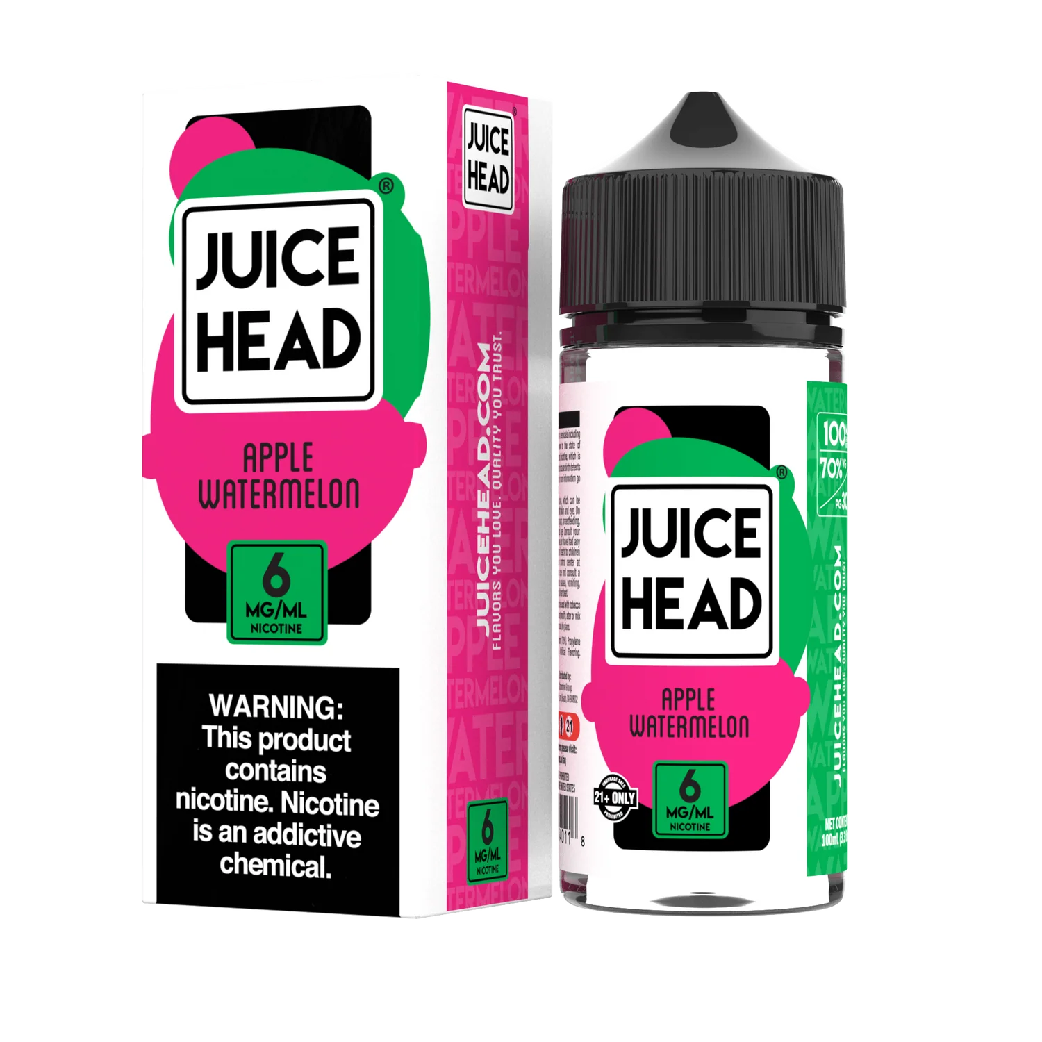 A 100ml bottle of Apple Watermelon Juice Head disposable vape with apple and watermelon fruit graphics on device. by Vape4Less.