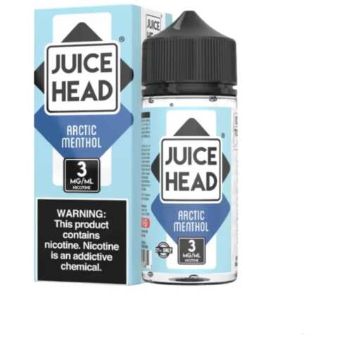 A 100ml bottle of Arctic Menthol Juice Head e-liquid bottle featuring icy blue menthol-themed label artwork. by Vape4Less.