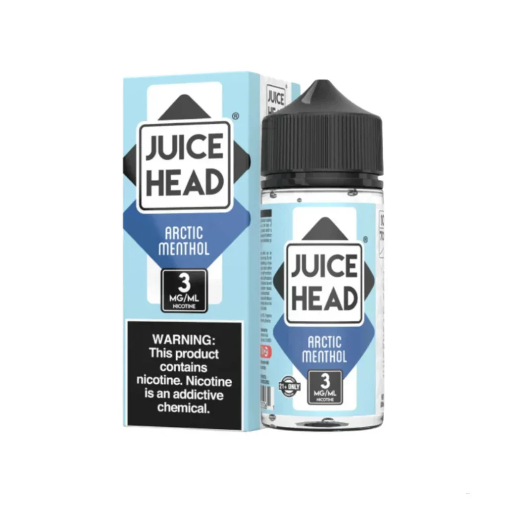 Arctic Menthol Juice Head A 100ml bottle of Arctic Menthol Juice Head e-liquid bottle featuring icy blue menthol-themed label artwork. by Vape4Less.