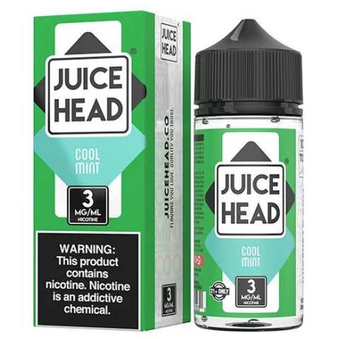 A 100ml bottle of Cool Mint Juice Head e-liquid bottle featuring cool mint and icy blue label artwork. by Vape4Less.