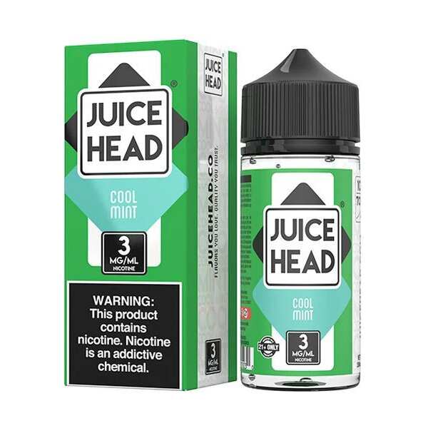 A 100ml bottle of Cool Mint Juice Head e-liquid bottle featuring cool mint and icy blue label artwork. by Vape4Less.