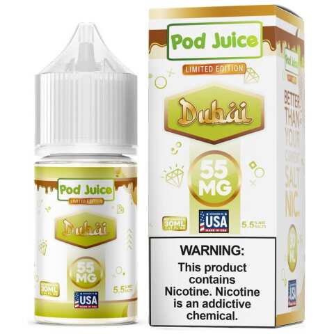 A 30ml bottle of Dubai Pod Juice e-liquid bottle featuring sleek Pod Juice branding and premium label design. by Vape4Less.