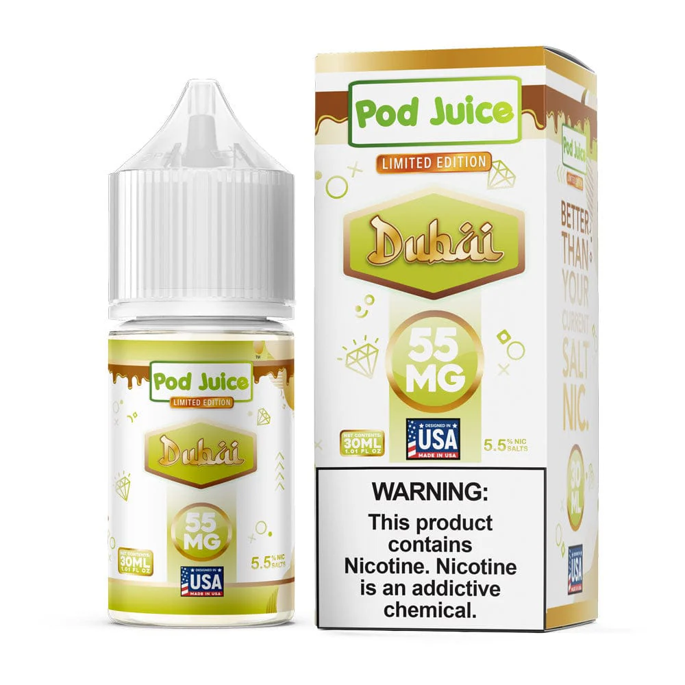 A 30ml bottle of Dubai Pod Juice e-liquid bottle featuring sleek Pod Juice branding and premium label design. by Vape4Less.