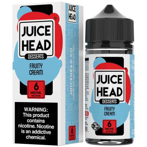 A 100ml bottle of Fruity Cream Juice Head e-liquid bottle featuring mixed fruit and creamy dessert-themed label artwork. by Vape4Less.