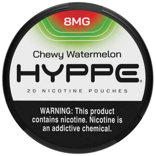 A Chewy Watermelon Hyppe Nicotine Pouches can with watermelon-themed graphics on white background. by Vape4Less.