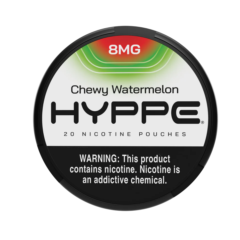 A Chewy Watermelon Hyppe Nicotine Pouches can with watermelon-themed graphics on white background. by Vape4Less.
