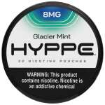 A Glacier Mint 8mg Hyppe Nicotine Pouches can with cool mint-themed graphics on white background. by Vape4Less.