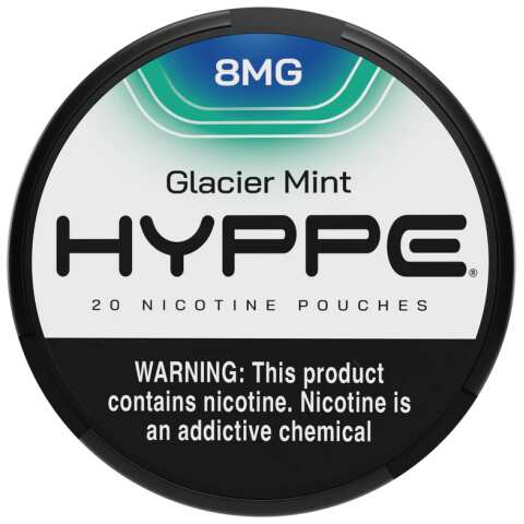 A Glacier Mint 8mg Hyppe Nicotine Pouches can with cool mint-themed graphics on white background. by Vape4Less.