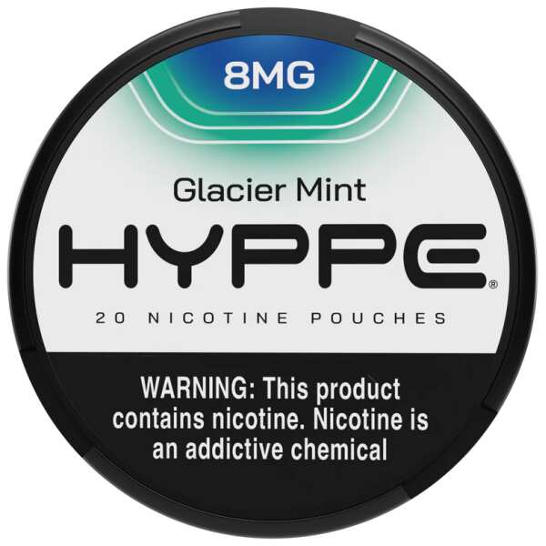 A Glacier Mint 8mg Hyppe Nicotine Pouches can with cool mint-themed graphics on white background. by Vape4Less.