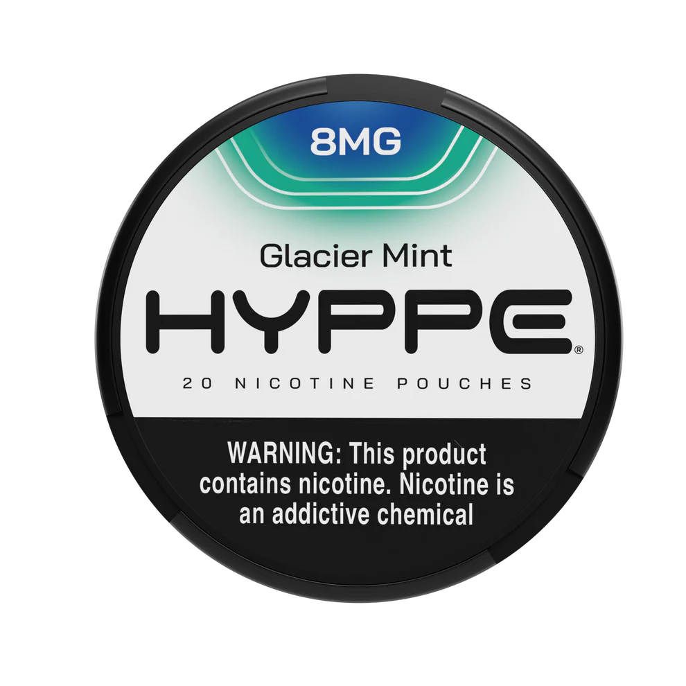 A Glacier Mint 8mg Hyppe Nicotine Pouches can with cool mint-themed graphics on white background. by Vape4Less.